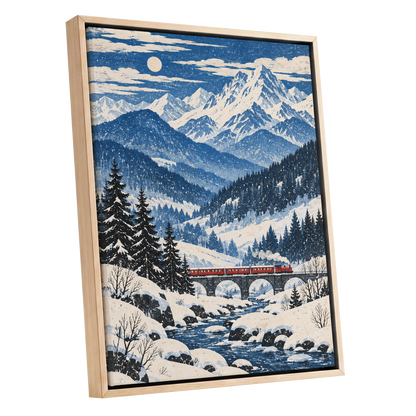 Snowbound Express, blue, white, beige nature wall art shown as a oak framed canvas wall art