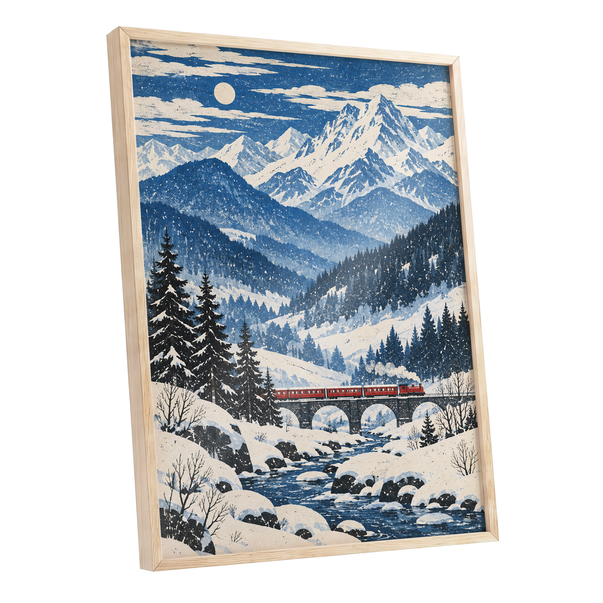 Snowbound Express, blue, white, beige nature wall art shown as a oak framed poster wall art print