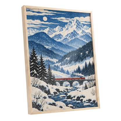 Snowbound Express, blue, white, beige nature wall art shown as a oak framed poster wall art print