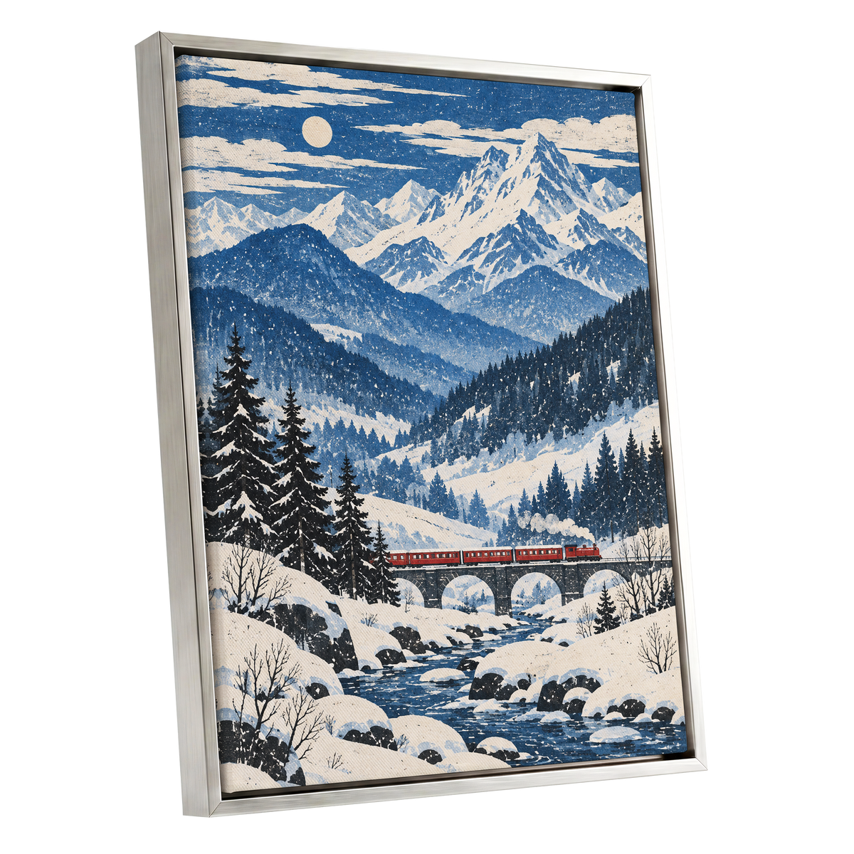 Snowbound Express, blue, white, beige nature wall art shown as a silver framed canvas wall art