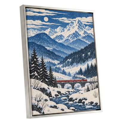 Snowbound Express, blue, white, beige nature wall art shown as a silver framed canvas wall art
