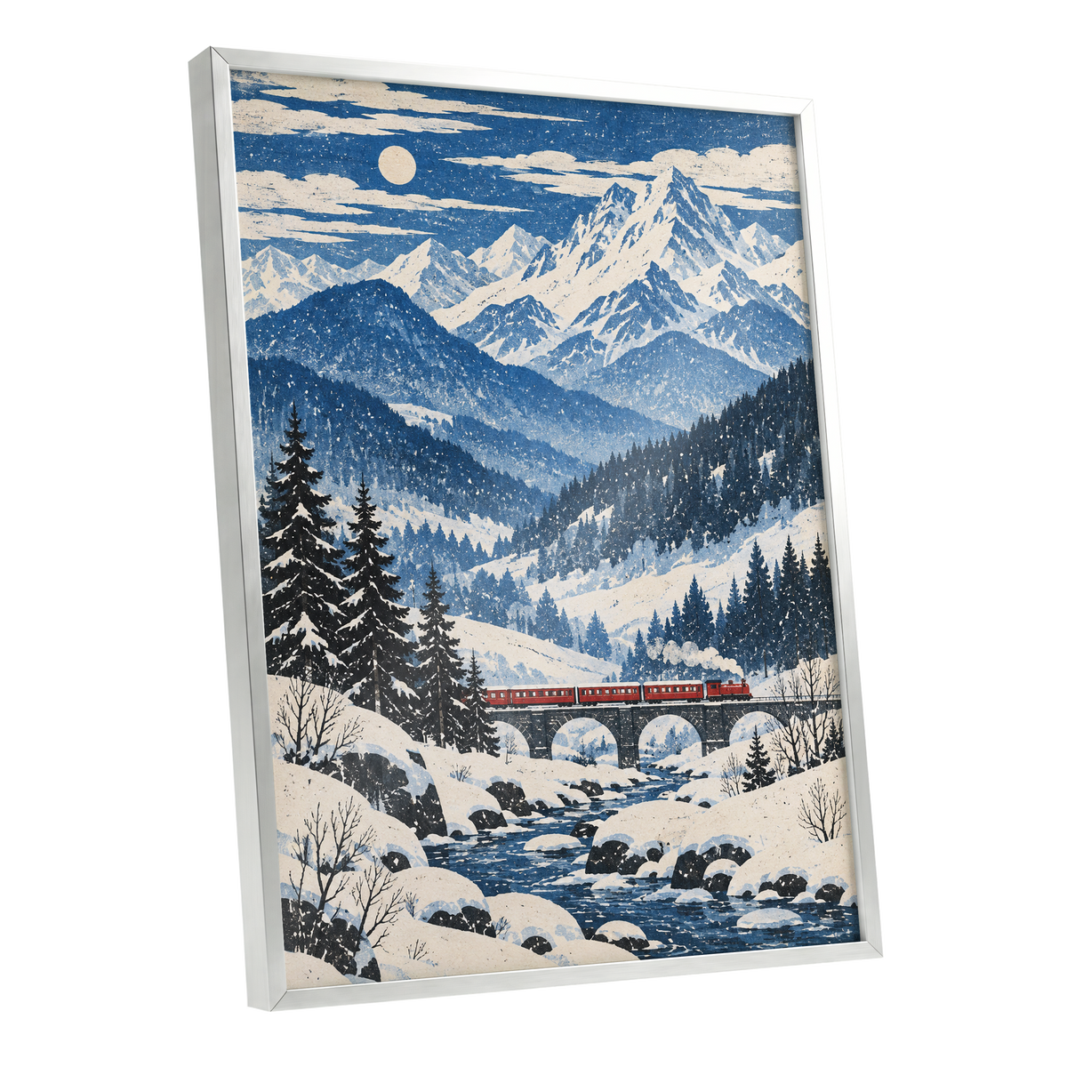 Snowbound Express, blue, white, beige nature wall art shown as a silver framed poster wall art print