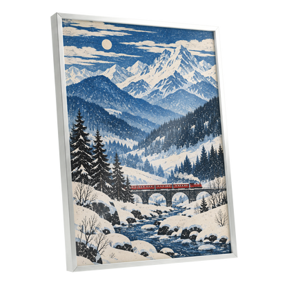 Snowbound Express, blue, white, beige nature wall art shown as a silver framed poster wall art print