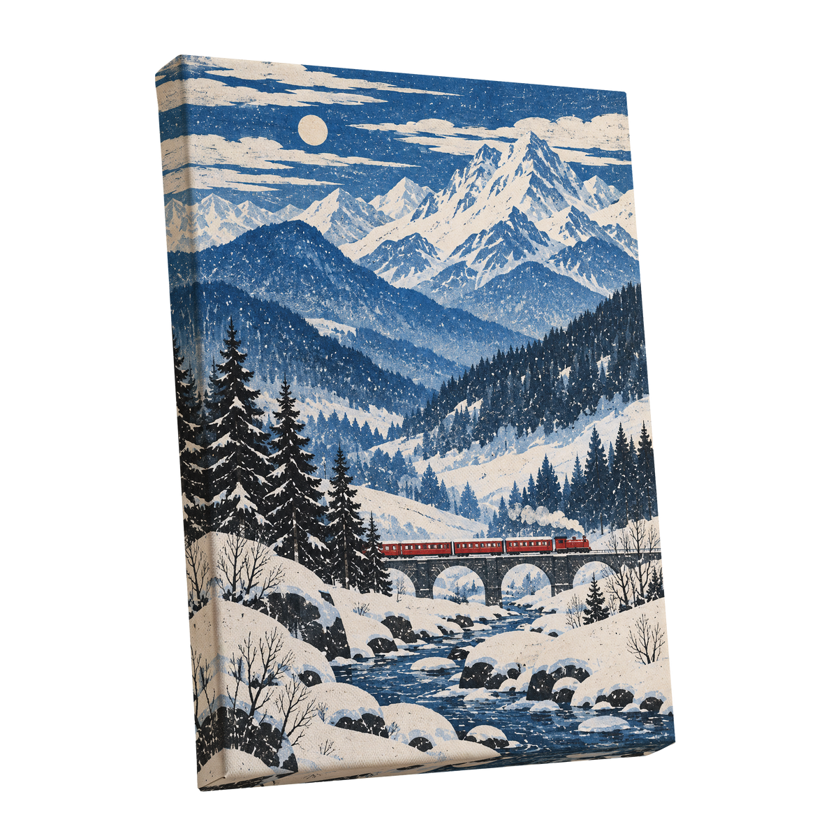 Snowbound Express, blue, white, beige nature wall art shown as a stretched canvas wall art