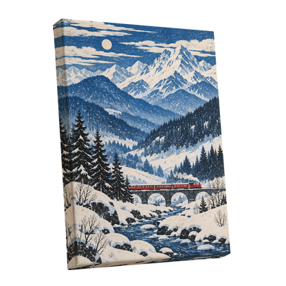 Snowbound Express, blue, white, beige nature wall art shown as a stretched canvas wall art