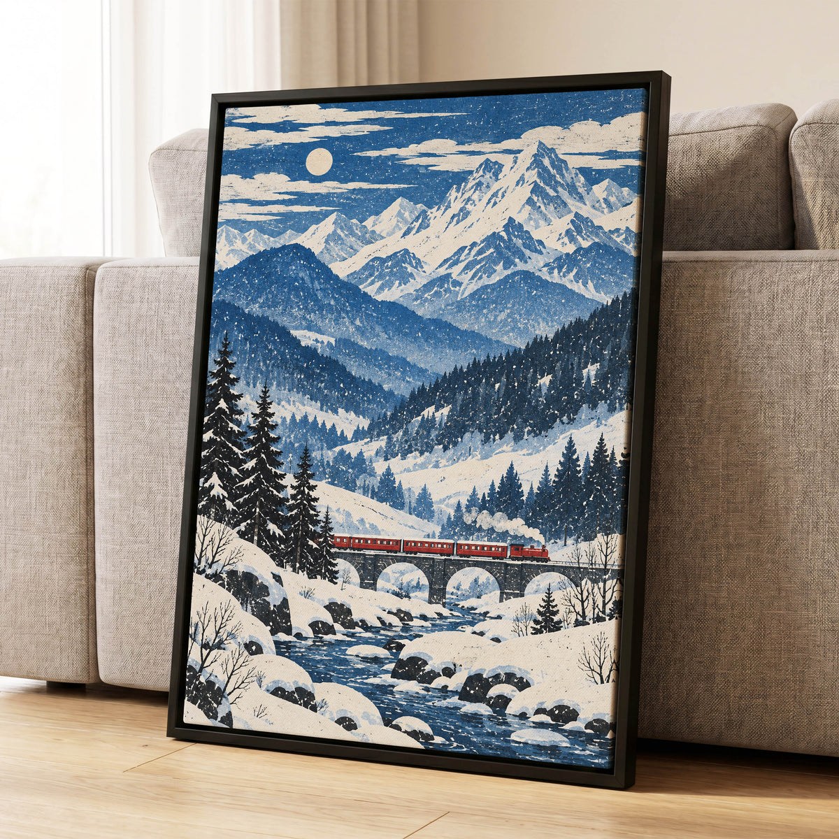 Snowbound Express, blue, white, beige nature wall art displayed in a styled interior, gallery view 4