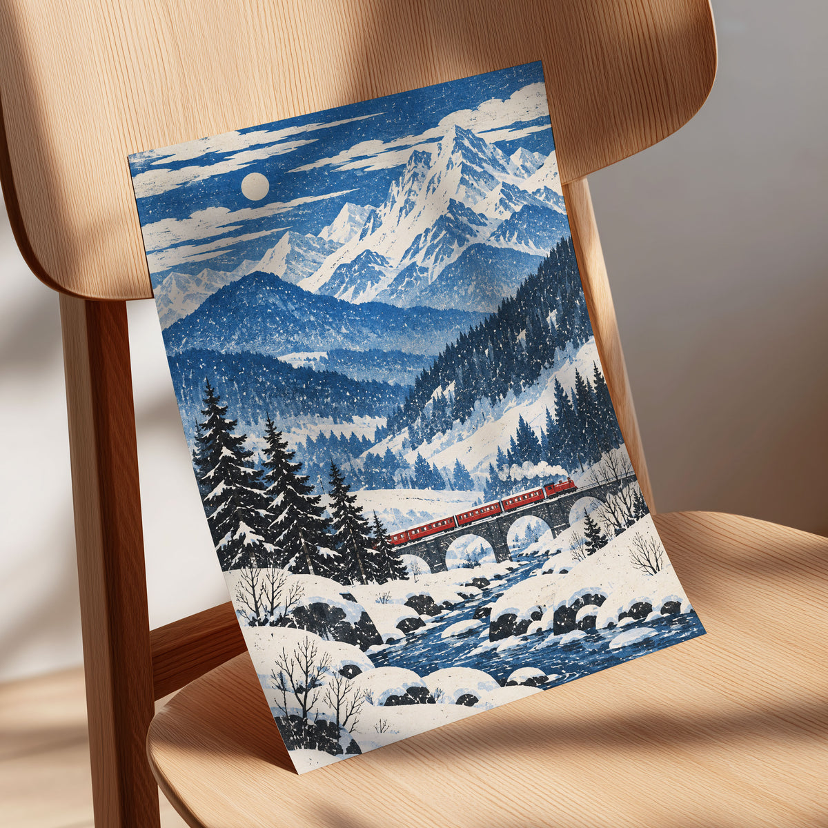 Snowbound Express, blue, white, beige nature wall art displayed in a styled interior, gallery view 5
