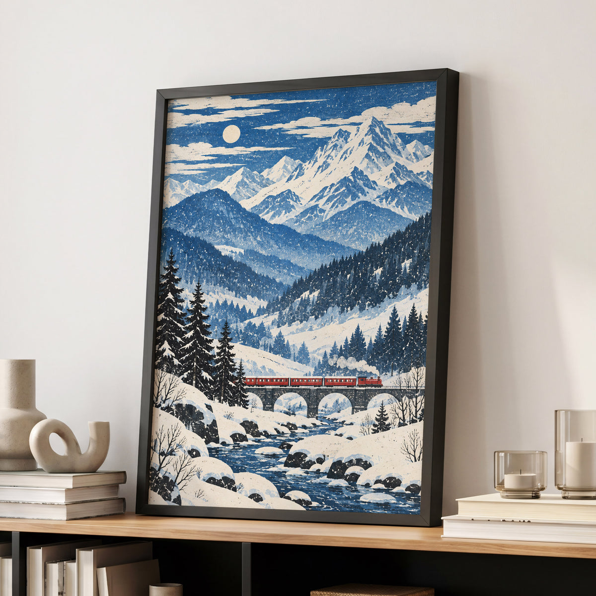 Snowbound Express, blue, white, beige nature wall art displayed in a styled interior, gallery view 6