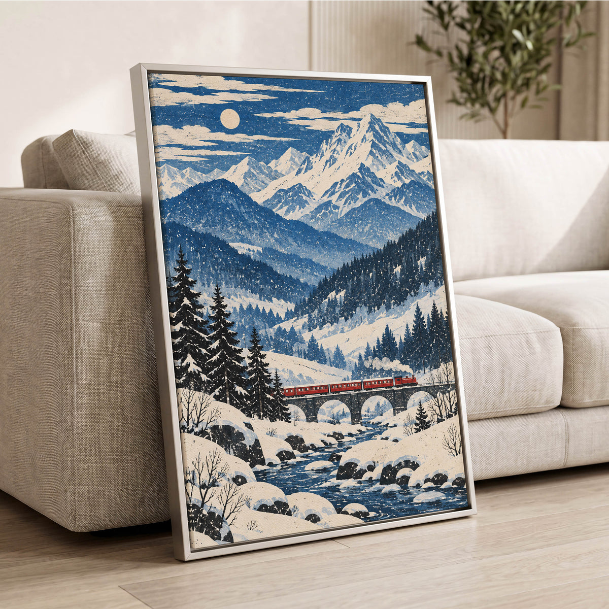 Snowbound Express, blue, white, beige nature wall art displayed in a styled interior, gallery view 8