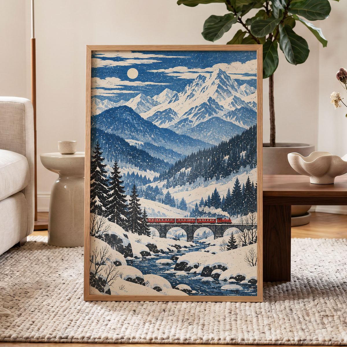 Snowbound Express, blue, white, beige nature wall art displayed in a styled interior, gallery view 9