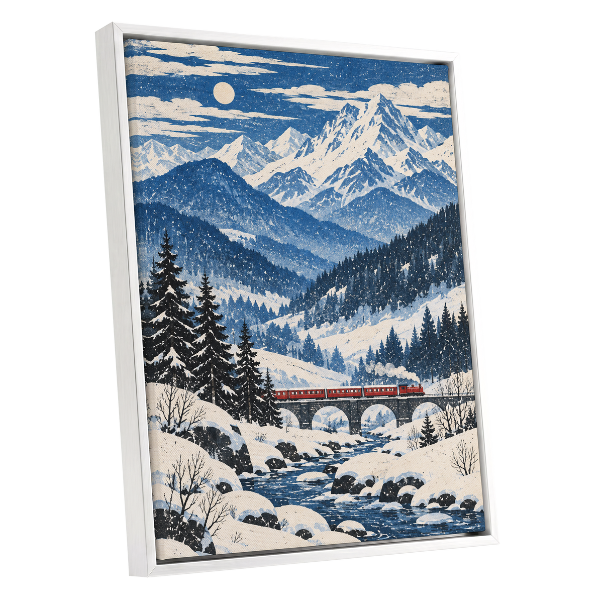 Snowbound Express, blue, white, beige nature wall art shown as a white framed canvas wall art