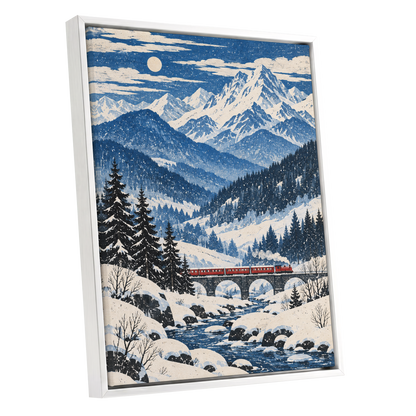 Snowbound Express, blue, white, beige nature wall art shown as a white framed canvas wall art