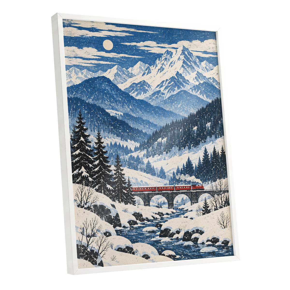 Snowbound Express, blue, white, beige nature wall art shown as a white framed poster wall art print