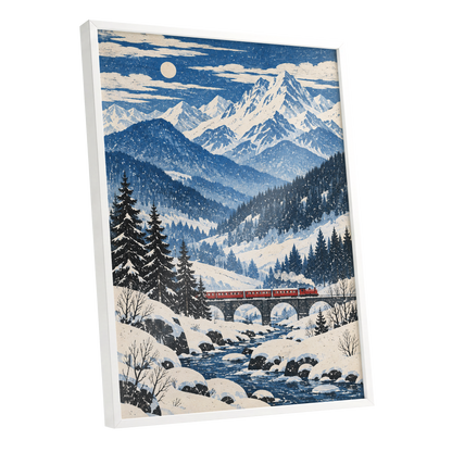 Snowbound Express, blue, white, beige nature wall art shown as a white framed poster wall art print