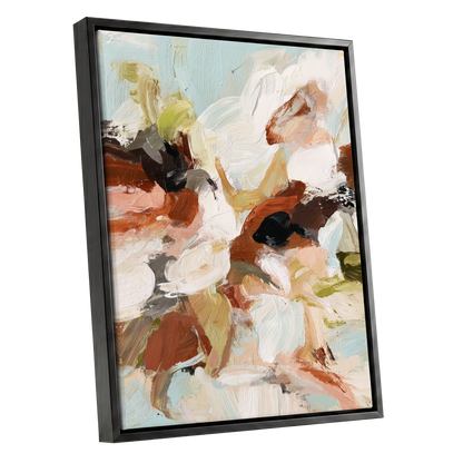Soft Collision, black, beige, pink abstract wall art shown as a black framed canvas wall art