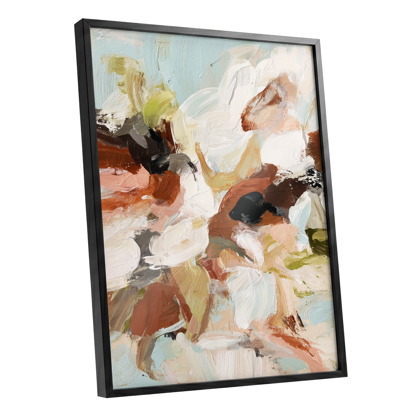 Soft Collision, black, beige, pink abstract wall art shown as a black framed poster wall art print