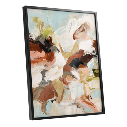 Soft Collision, black, beige, pink abstract wall art shown as a black framed poster wall art print