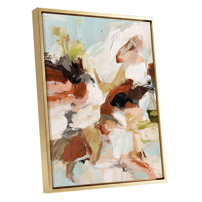 Soft Collision, black, beige, pink abstract wall art shown as a gold framed canvas wall art