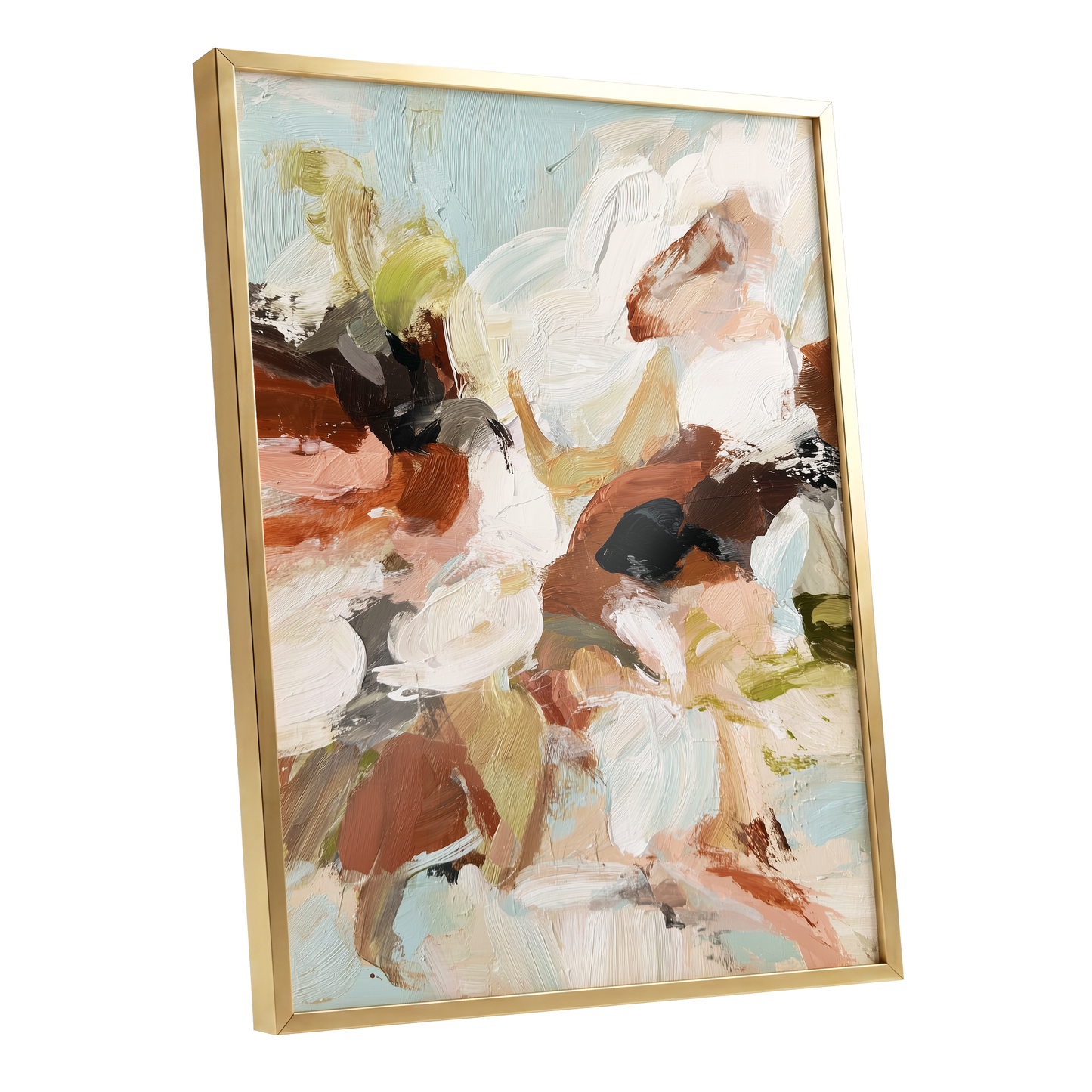 Soft Collision, black, beige, pink abstract wall art shown as a gold framed poster wall art print