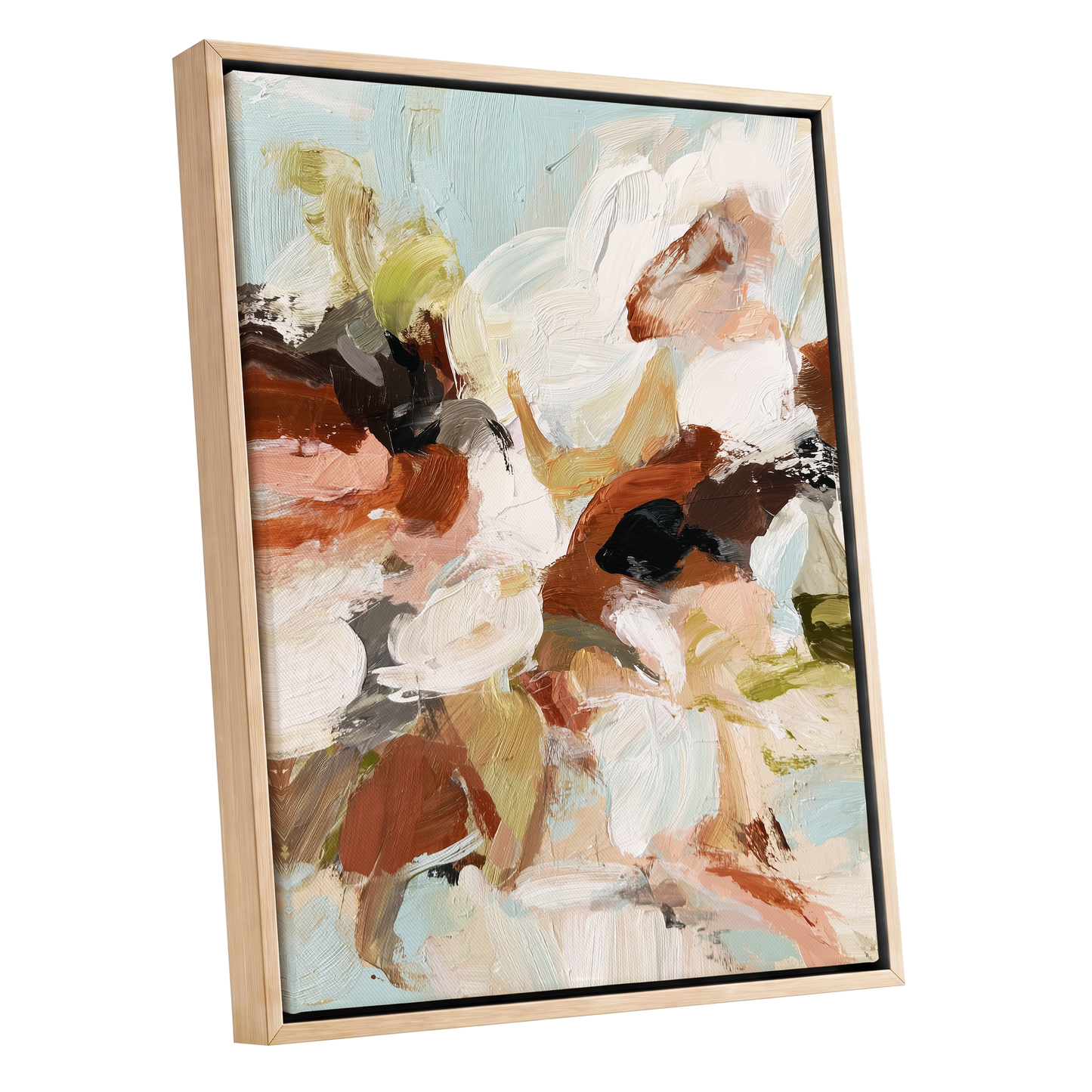 Soft Collision, black, beige, pink abstract wall art shown as a oak framed canvas wall art