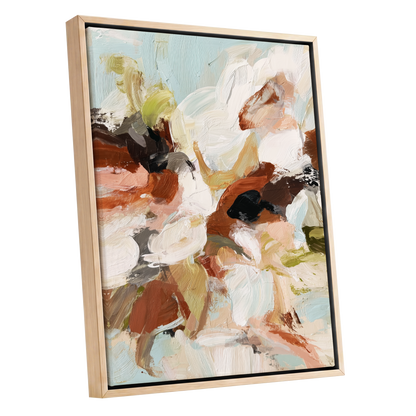 Soft Collision, black, beige, pink abstract wall art shown as a oak framed canvas wall art