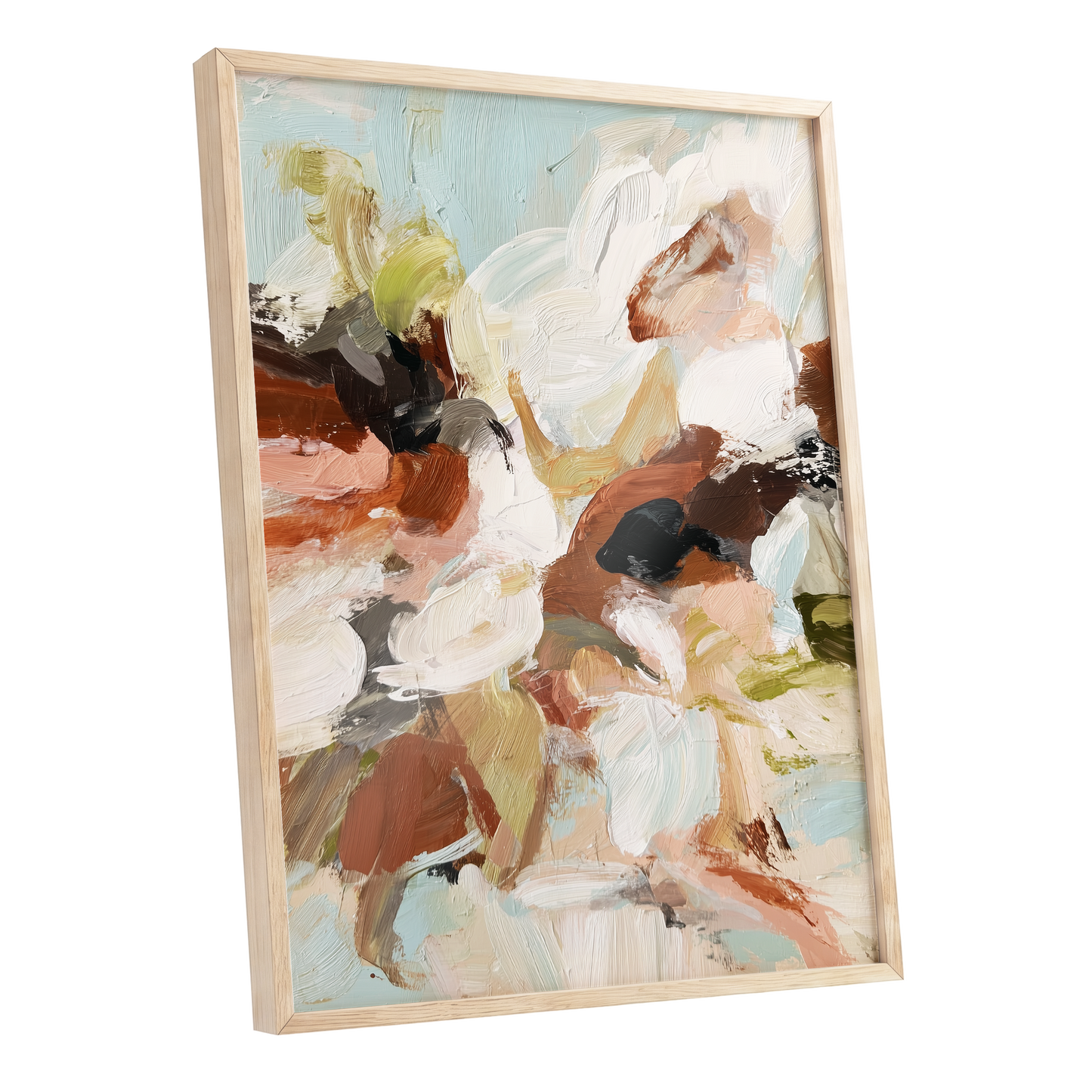 Soft Collision, black, beige, pink abstract wall art shown as a oak framed poster wall art print
