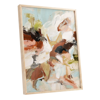Soft Collision, black, beige, pink abstract wall art shown as a oak framed poster wall art print