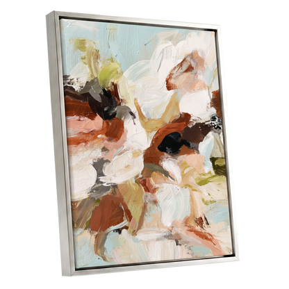 Soft Collision, black, beige, pink abstract wall art shown as a silver framed canvas wall art