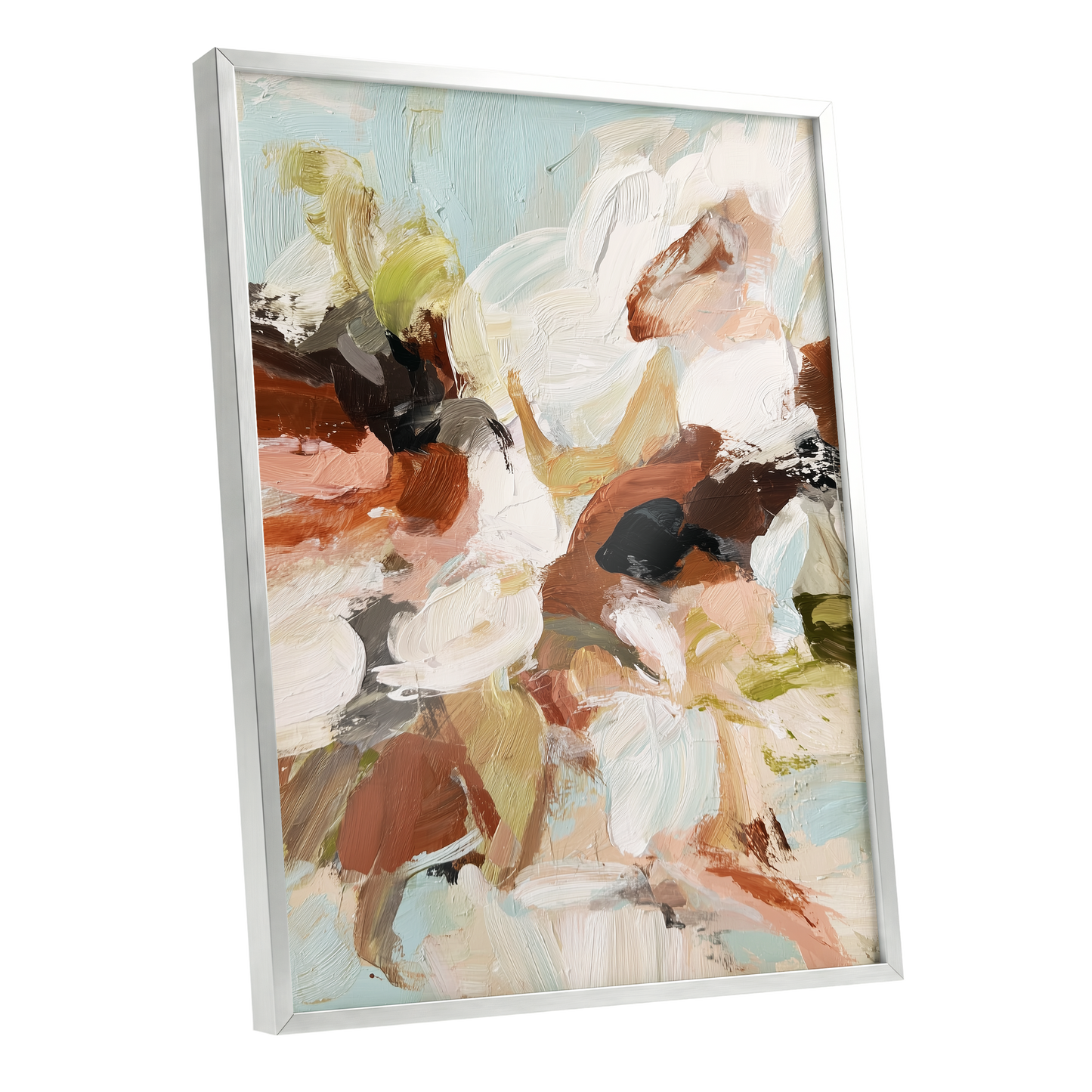 Soft Collision, black, beige, pink abstract wall art shown as a silver framed poster wall art print