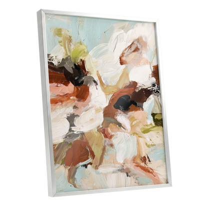 Soft Collision, black, beige, pink abstract wall art shown as a silver framed poster wall art print