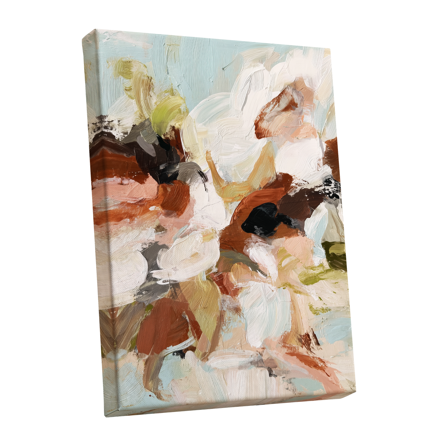 Soft Collision, black, beige, pink abstract wall art shown as a stretched canvas wall art