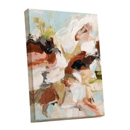 Soft Collision, black, beige, pink abstract wall art shown as a stretched canvas wall art