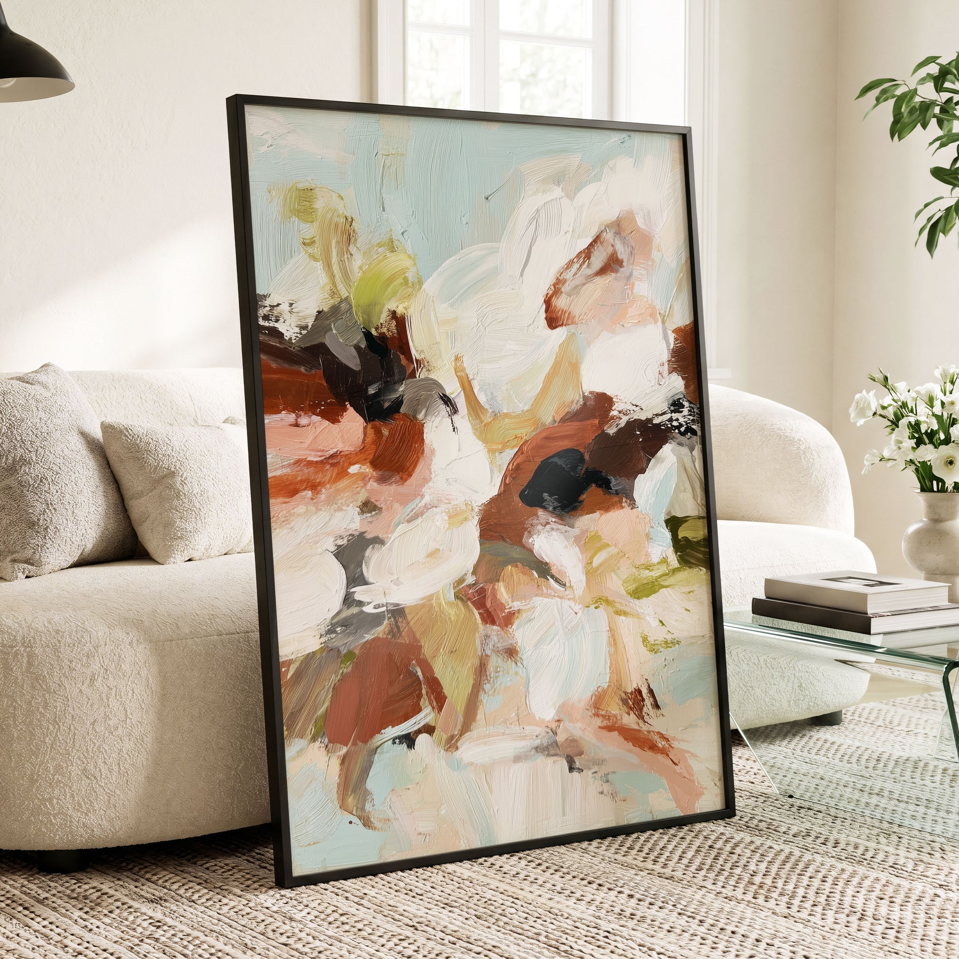 Soft Collision, black, beige, pink abstract wall art displayed in a styled interior, gallery view 2