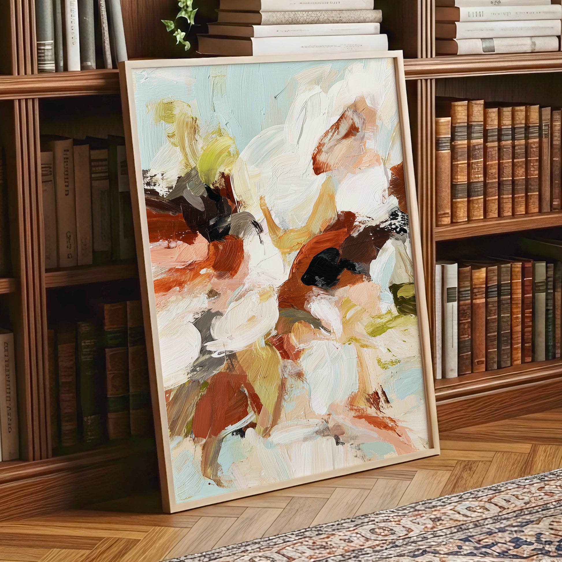 Soft Collision, black, beige, pink abstract wall art displayed in a styled interior, gallery view 6