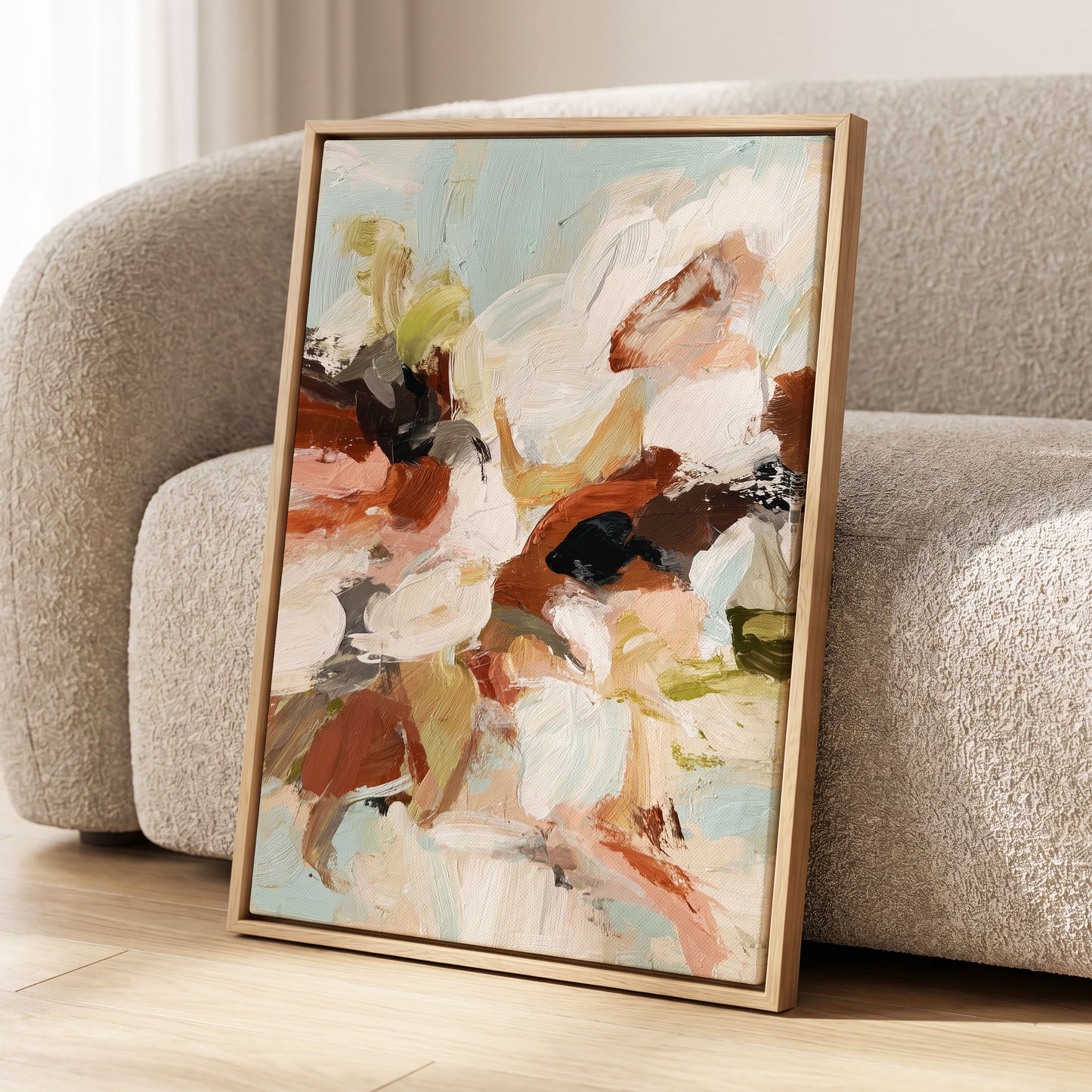 Soft Collision, black, beige, pink abstract wall art displayed in a styled interior, gallery view 8