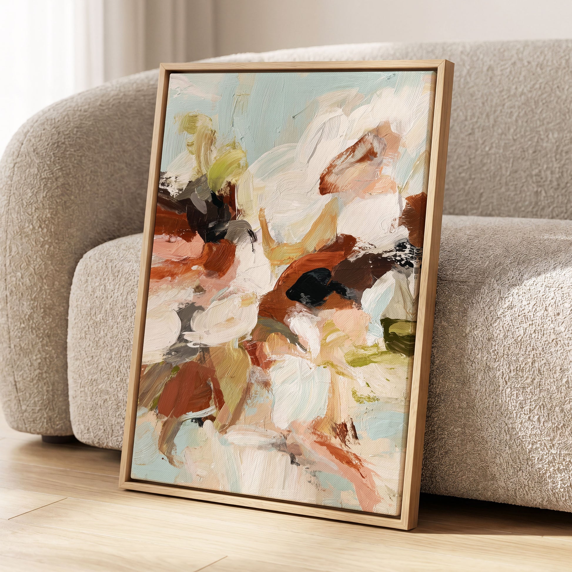 Soft Collision, black, beige, pink abstract wall art displayed in a styled interior, gallery view 8