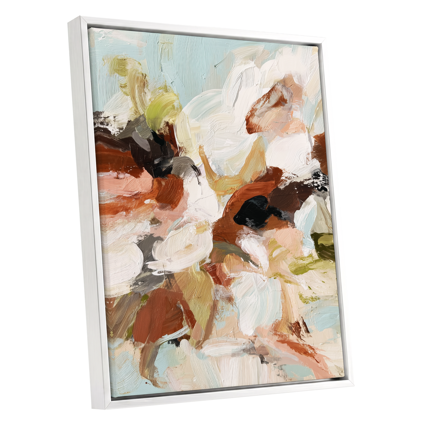 Soft Collision, black, beige, pink abstract wall art shown as a white framed canvas wall art