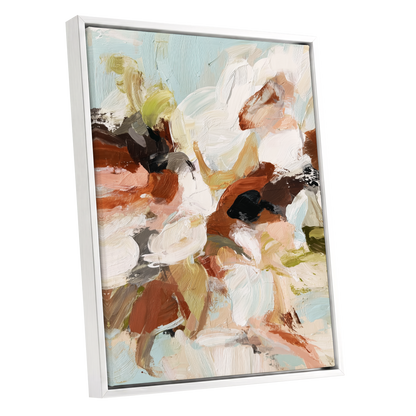 Soft Collision, black, beige, pink abstract wall art shown as a white framed canvas wall art