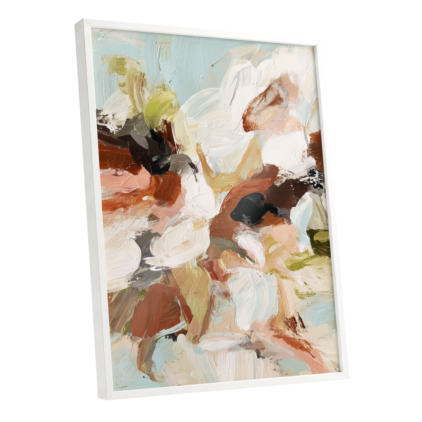 Soft Collision, black, beige, pink abstract wall art shown as a white framed poster wall art print