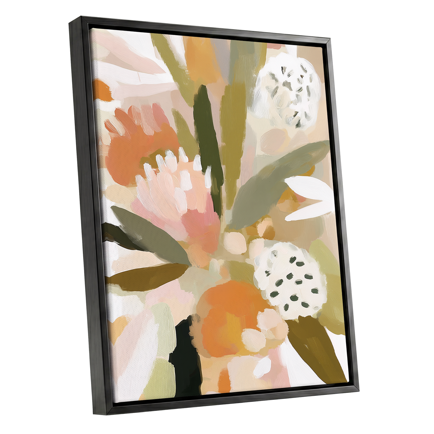 Soft Garden Tapestry, green, beige, pink floral wall art shown as a black framed canvas wall art