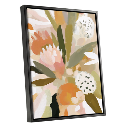Soft Garden Tapestry, green, beige, pink floral wall art shown as a black framed canvas wall art