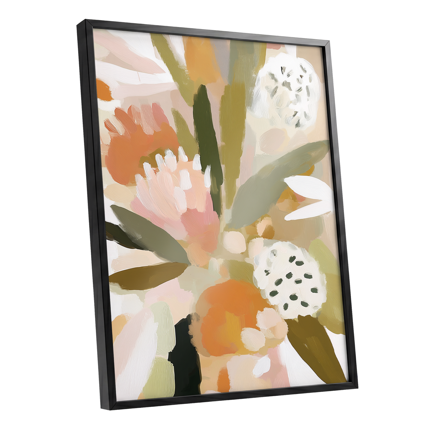 Soft Garden Tapestry, green, beige, pink floral wall art shown as a black framed poster wall art print