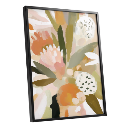 Soft Garden Tapestry, green, beige, pink floral wall art shown as a black framed poster wall art print