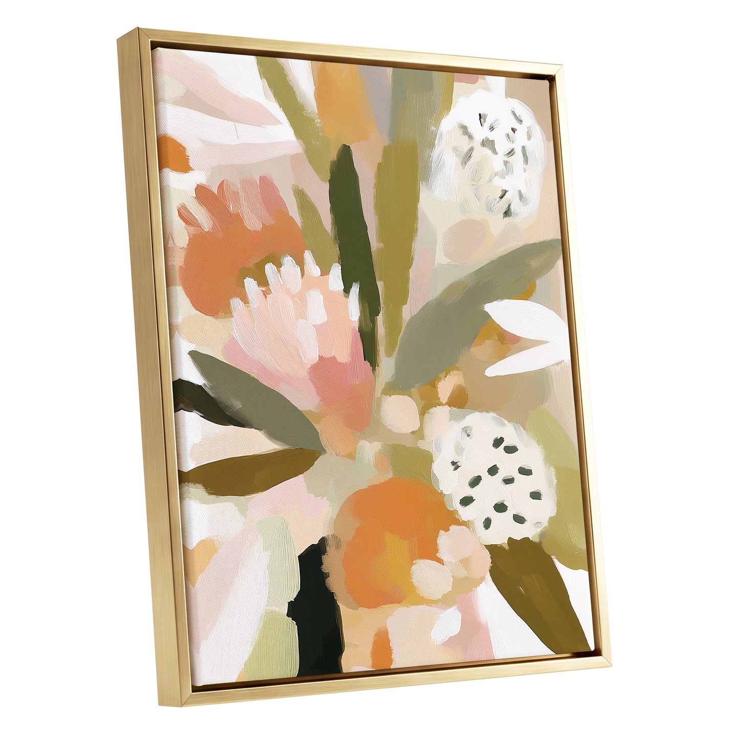 Soft Garden Tapestry, green, beige, pink floral wall art shown as a gold framed canvas wall art