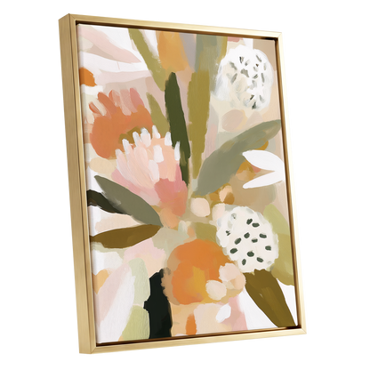 Soft Garden Tapestry, green, beige, pink floral wall art shown as a gold framed canvas wall art