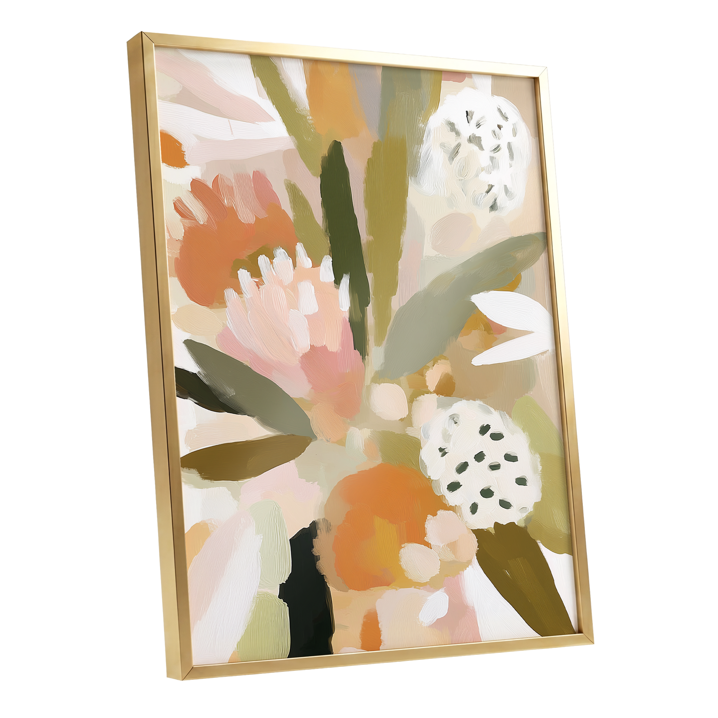 Soft Garden Tapestry, green, beige, pink floral wall art shown as a gold framed poster wall art print