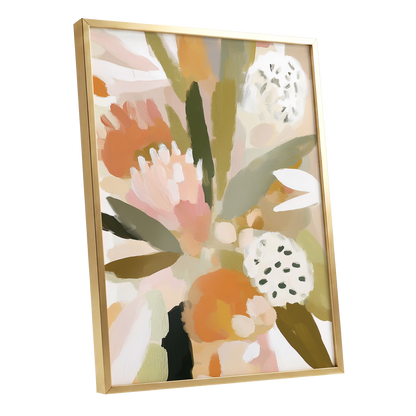 Soft Garden Tapestry, green, beige, pink floral wall art shown as a gold framed poster wall art print