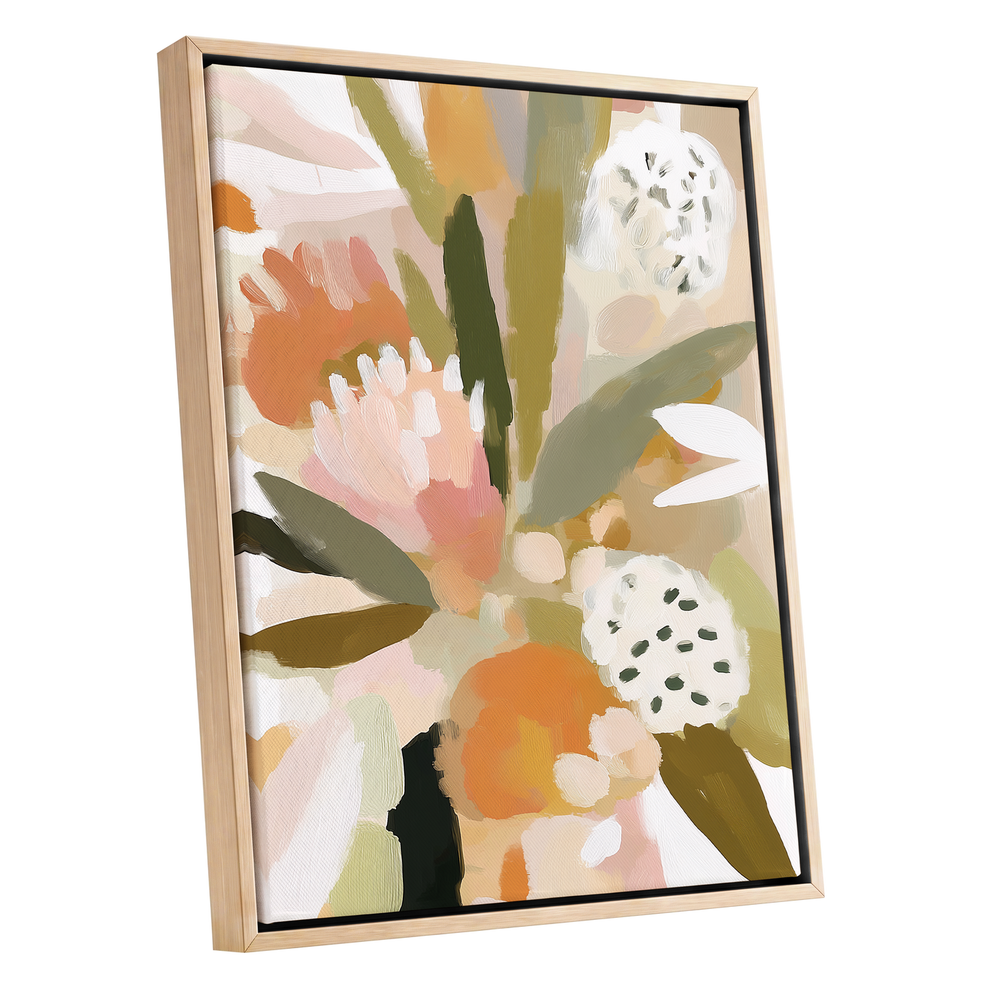 Soft Garden Tapestry, green, beige, pink floral wall art shown as a oak framed canvas wall art