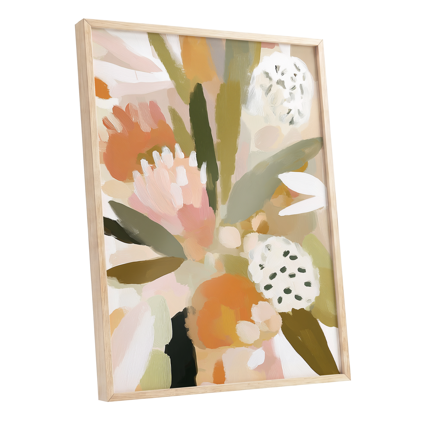 Soft Garden Tapestry, green, beige, pink floral wall art shown as a oak framed poster wall art print