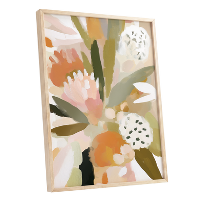 Soft Garden Tapestry, green, beige, pink floral wall art shown as a oak framed poster wall art print
